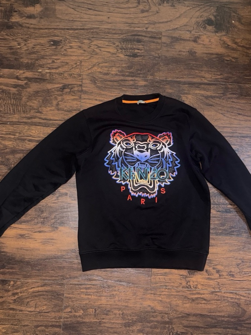 Kenzo Black Crewneck with Neon Multicolor Tiger Embroidery